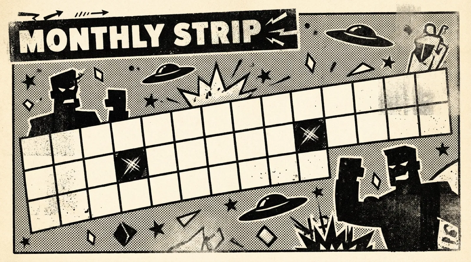 Comic panel titled Monthly Strip: a calendar grid with two lit days, brawling figures and flying saucers