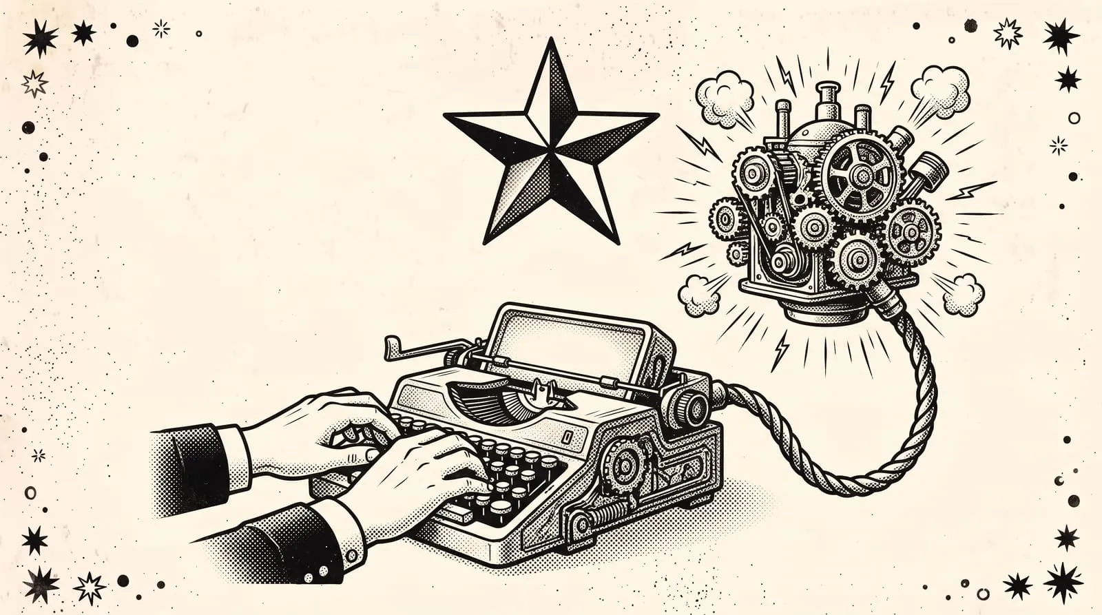 Ink illustration of hands typing at a console cable-tethered to a hovering gear engine, a five-pointed star above