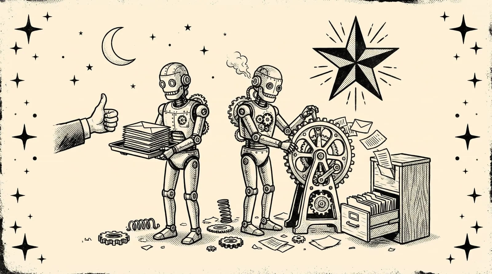 Two clockwork assistants: one offers envelopes for approval while the other sorts papers beneath a moon and star