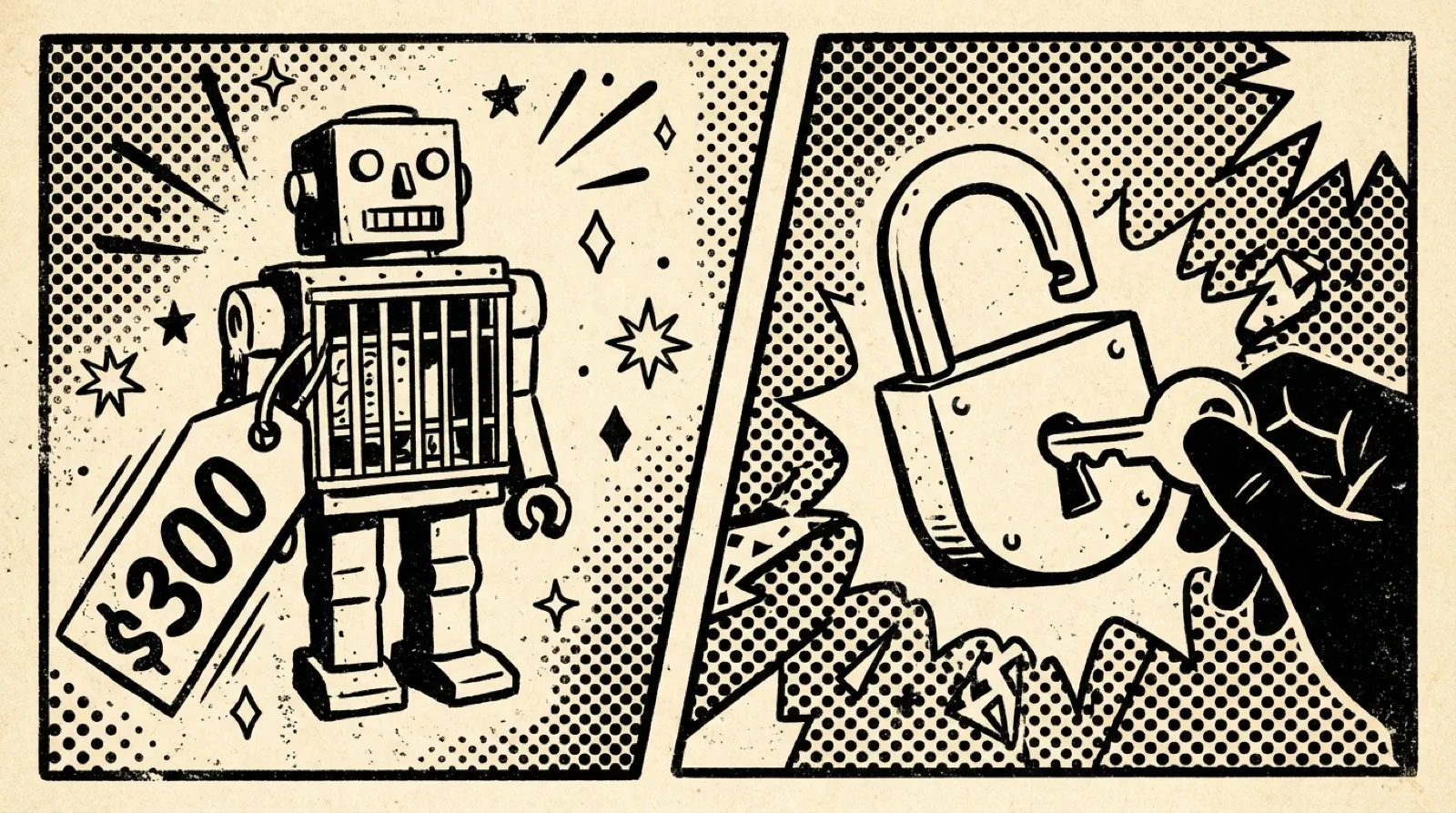Two comic panels: a caged toy robot with a $300 price tag, and a hand turning a key in an open padlock