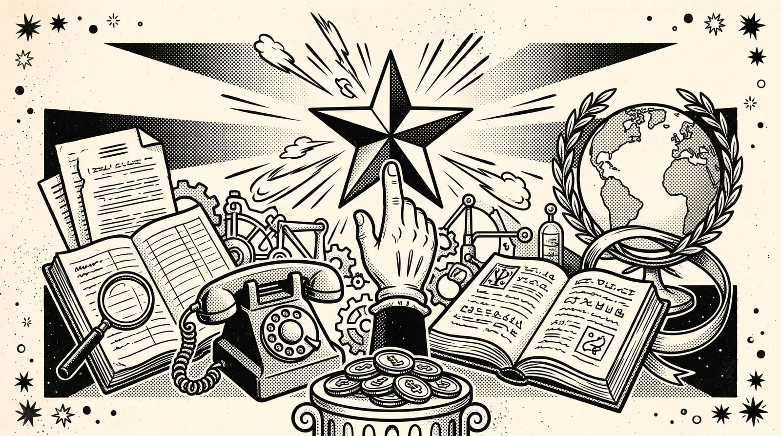 Ink illustration of a hand reaching for a star above a rotary phone, open books, gears, a laurel globe and coins