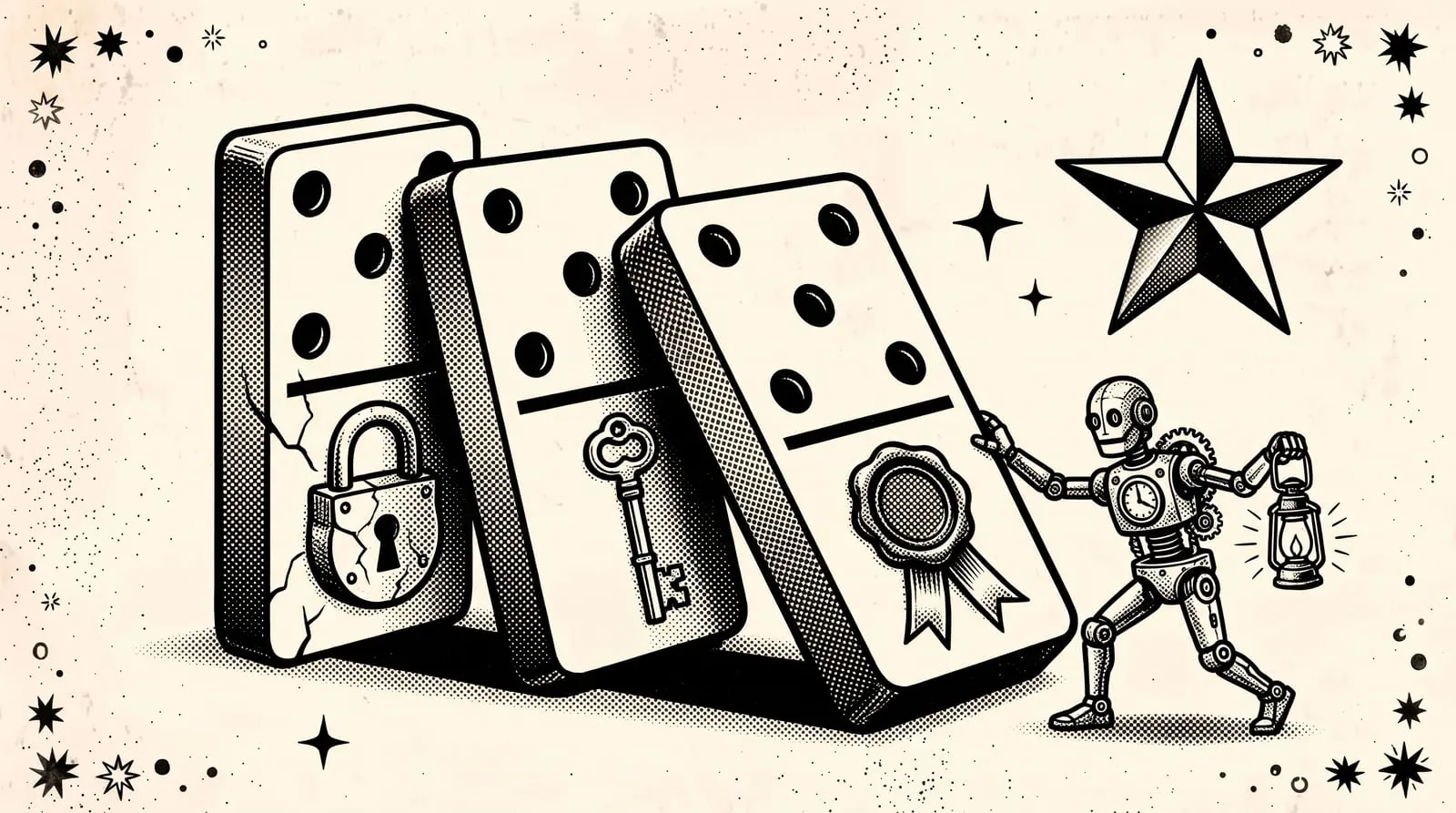 Ink illustration of falling dominoes marked with a cracked padlock, a key and a wax seal, caught by a lantern robot