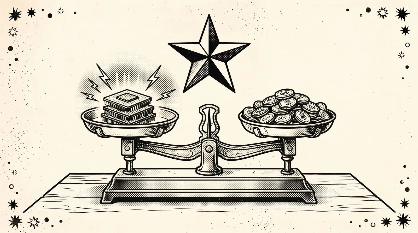 Ink illustration of an old balance scale weighing a stack of glowing computer chips against a pile of coins, a star above