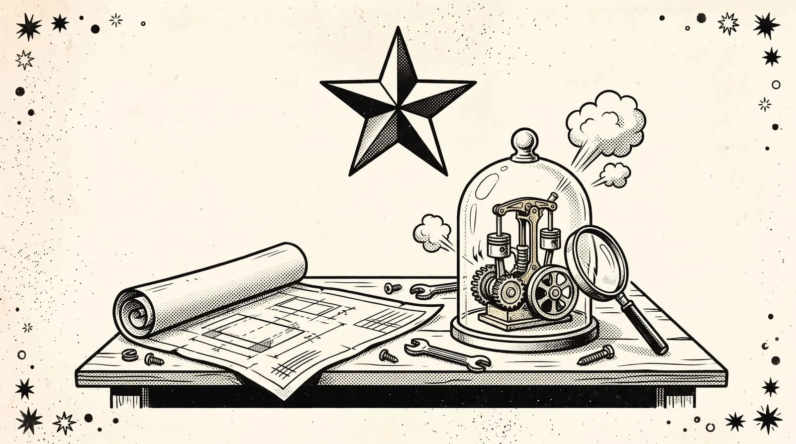 Ink illustration of a rolled blueprint left on a workbench beside a small engine running under a glass dome, a star above