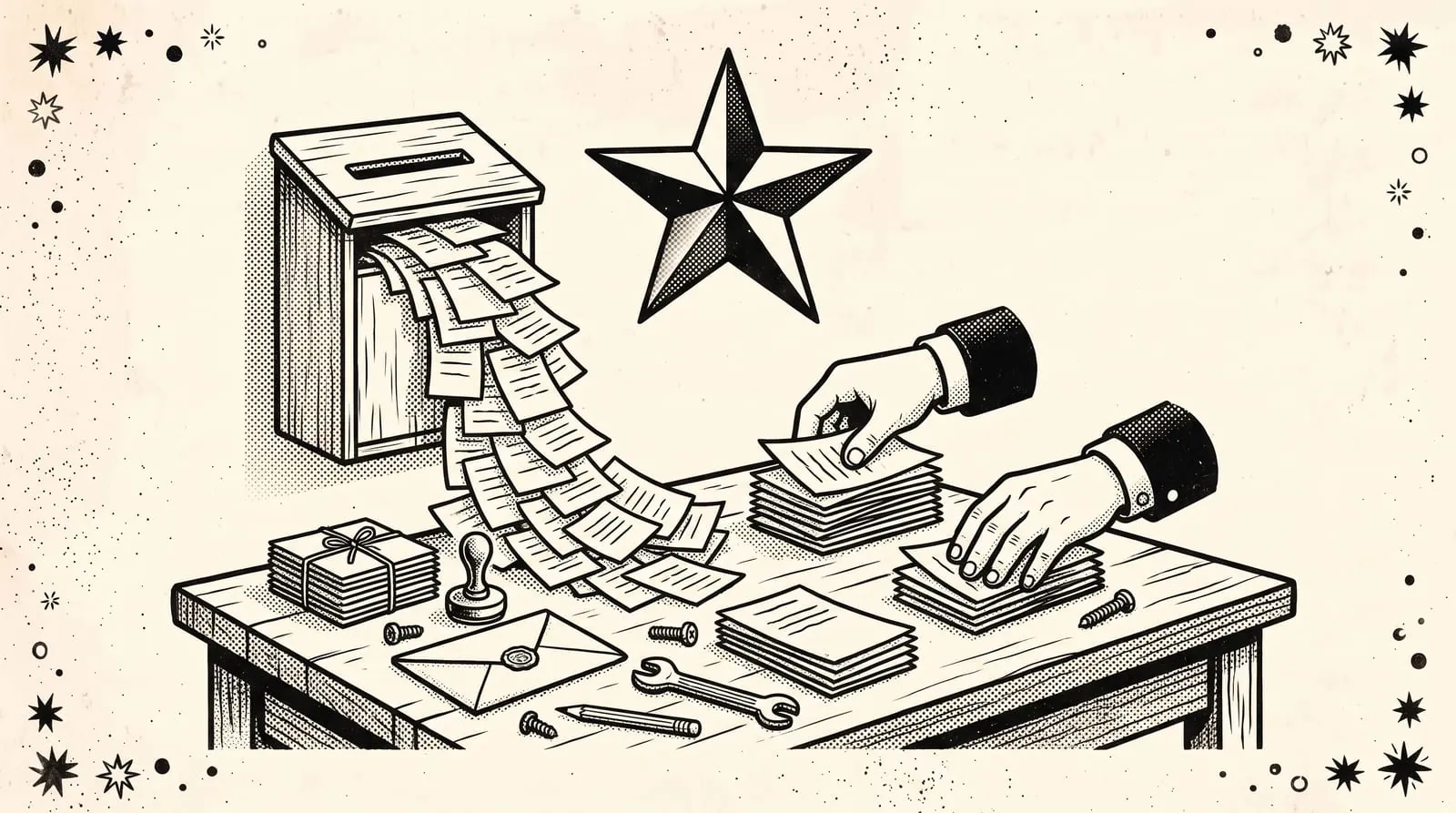 Ink illustration of a suggestion box spilling paper slips onto a desk where two hands sort them into stacks, a star above