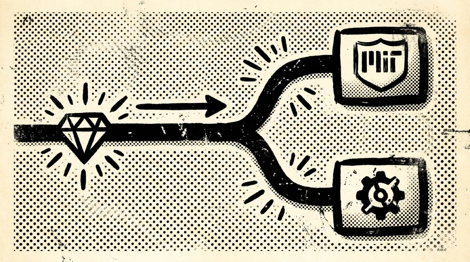 Halftone illustration of a diamond on a path that forks to an MIT license shield and a gear