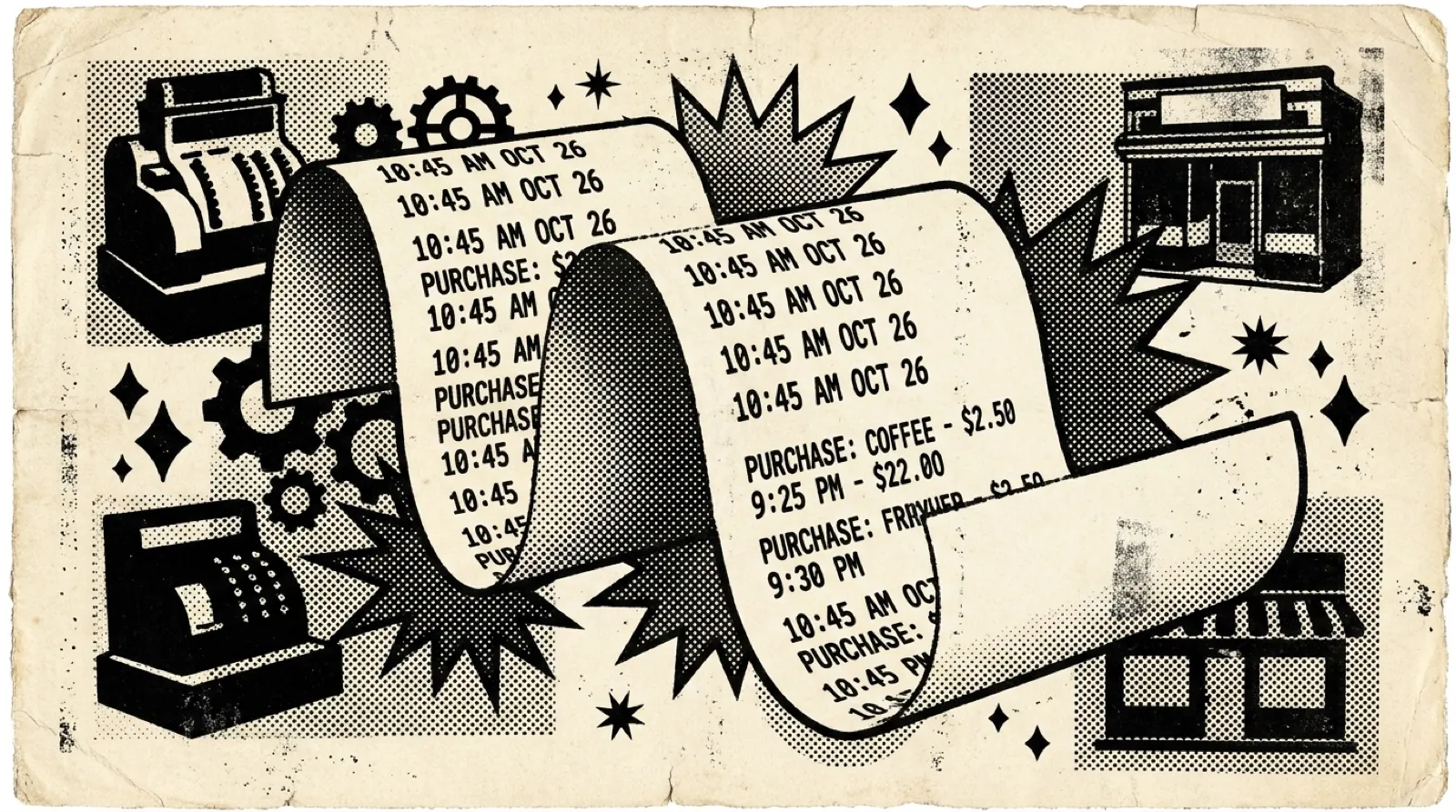 Halftone illustration of a long curling receipt of timestamped purchases between cash registers and shops