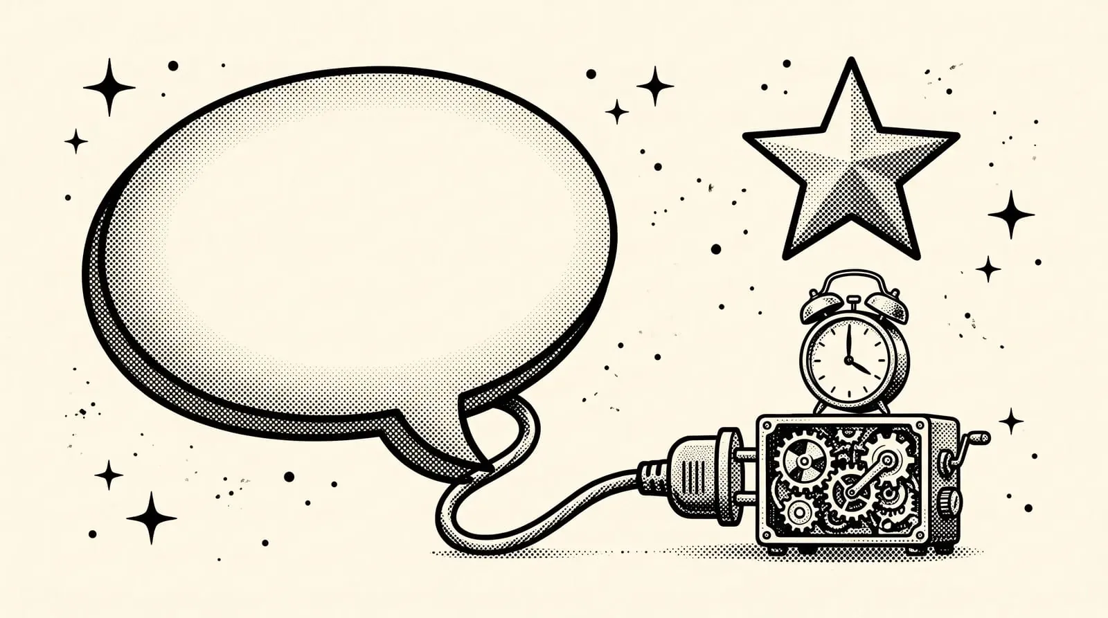 Ink illustration of a chat speech bubble with its cord plugged into a clockwork gear box under an alarm clock, a star above