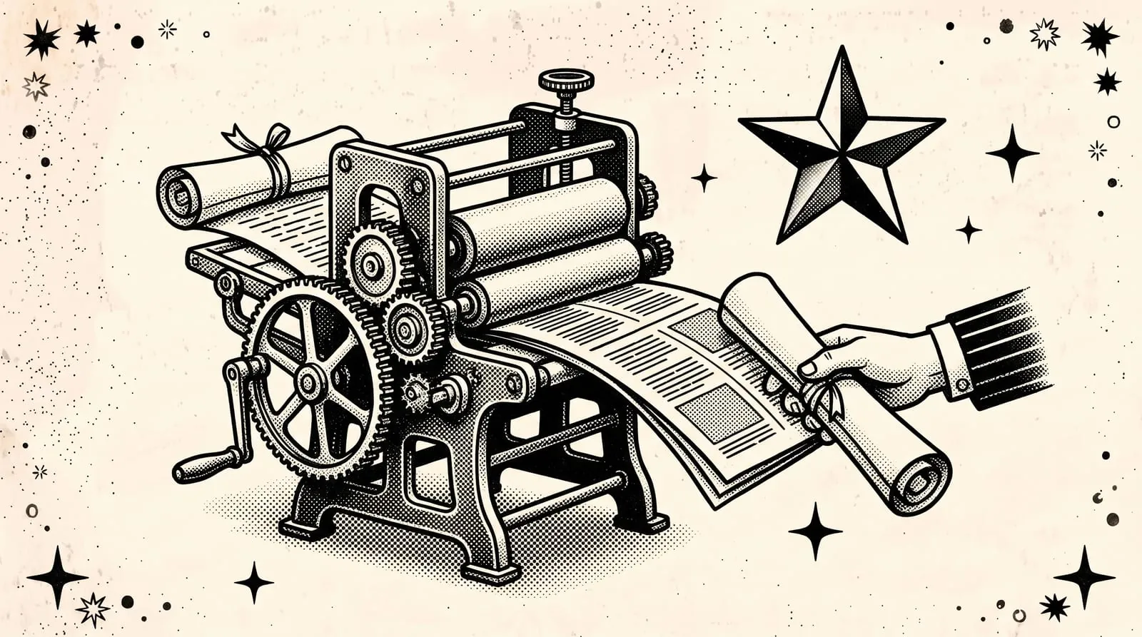Ink printing press feeding a rolled scroll into a broadsheet while a hand takes an identical scroll, a star above