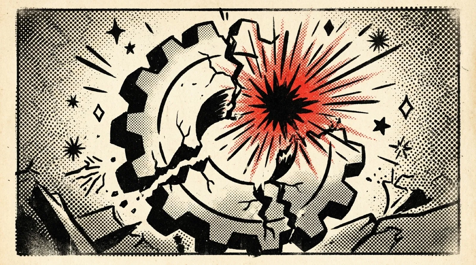 Ink illustration of a cracked gear splitting apart around a red starburst